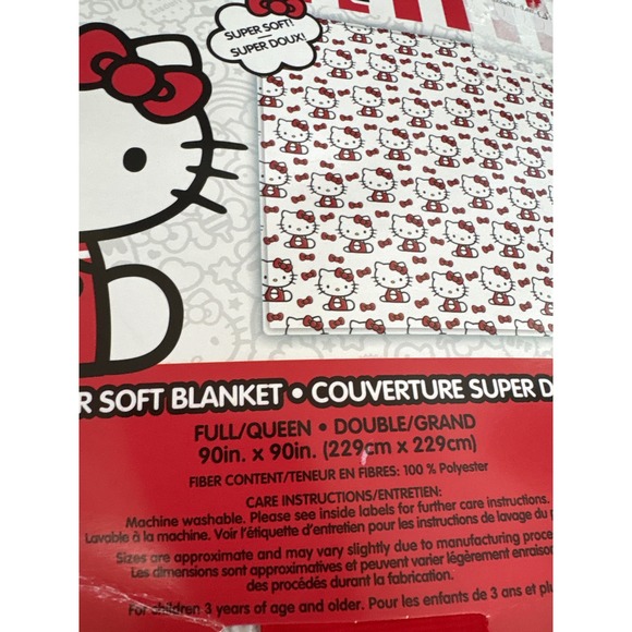 Hello Kitty Super Soft Plush Throw Blanket‎ Double Queen 90x90 Red Bow White NWT - Picture 2 of 3